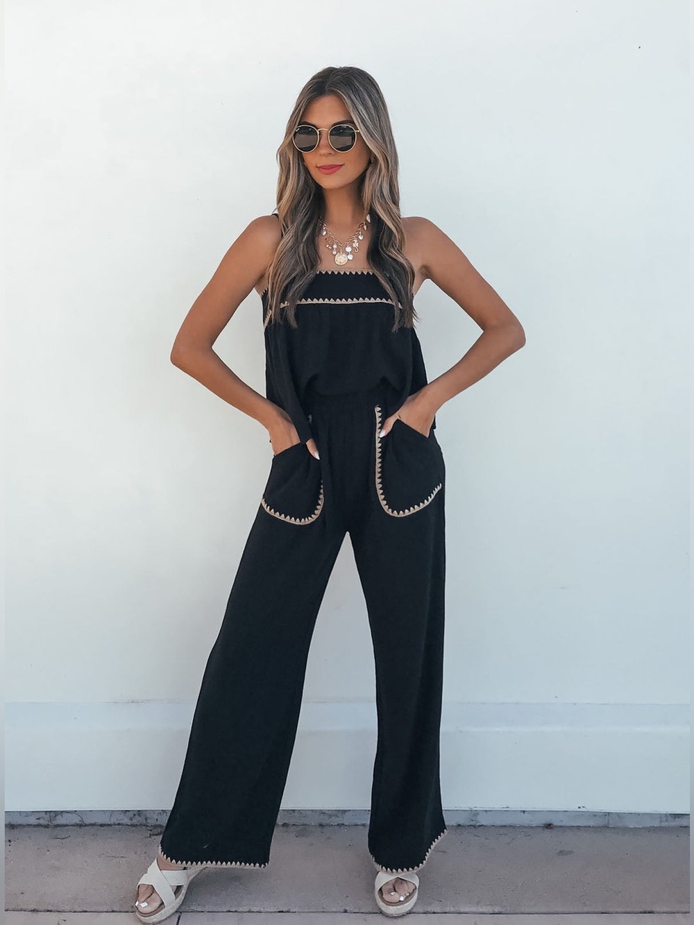 Magnolia Boutique Linen Black Wide-Leg Pants with Tan Trim